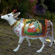 White Metal Cow | Desi Cow | Paper Mache Work Cow